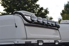To Fit 2009+ Scania P G R 6 Series Topline Black Roof Bar + Jumbo Spots x4+ Flush LEDs x7+ Clear Lens Beacons x2