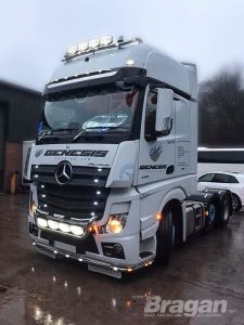 To Fit 2012+ Mercedes Actros MP4 Giga Space Cab Roof Bar + Jumbo Spots + Clear Beacons
