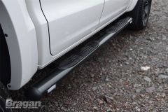Side Bars - BLACK + Step Pads + White LEDs x4 For Ford Ranger 2012 - 2016