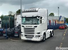 To Fit Scania 4 Series Topline Cab Stainless Roof Light Bar + Slim LEDs + Jumbo Spots x6 + Clear Lens Beacon x2