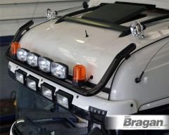 To Fit 2012+ Mercedes Actros MP4 Giga Space Cab Front Roof Light Bar Black Steel + Jumbo Spots + Amber Beacons
