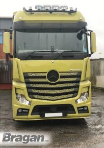 To Fit 2012+ Mercedes Actros MP4 Big Space Cab Front Roof Bar Black Steel + Jumbo LED Spots + Clear Beacons